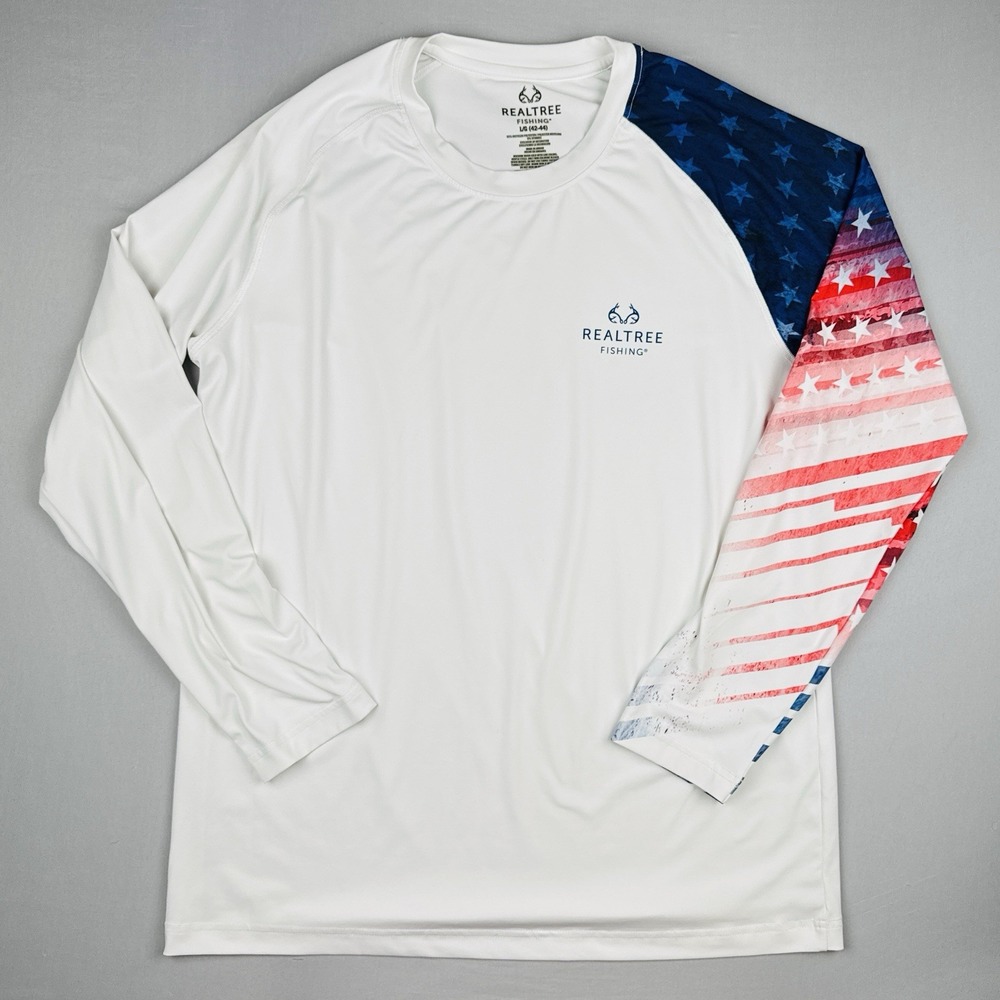Realtree Fishing American Flag Long Sleeve Shirt Men's Large Performance White